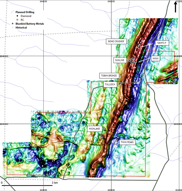 Total Magnetic Intensity map of Canegrass Project with 2020 drill targets and locations.