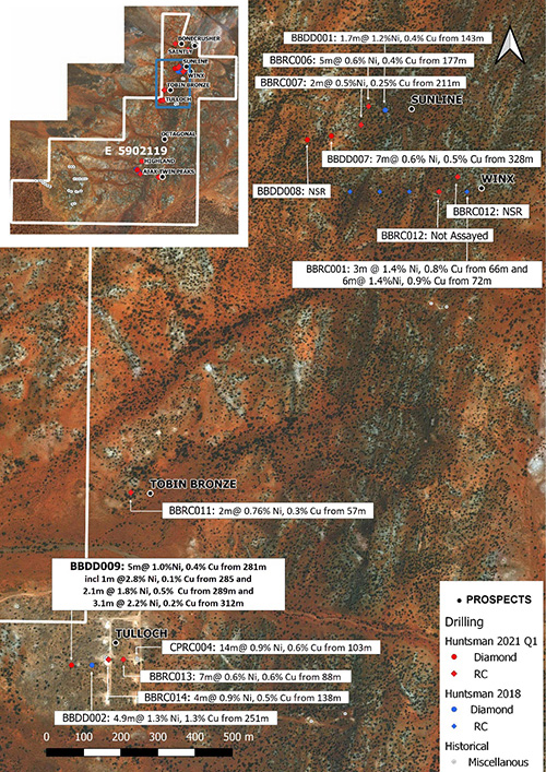 Aerial image of Canegrass Property boundary (inset) with high priority targets, at Tulloch, Sunline, Winx and Tobin Bronze with 2018 and 2021 drillhole collar locations.