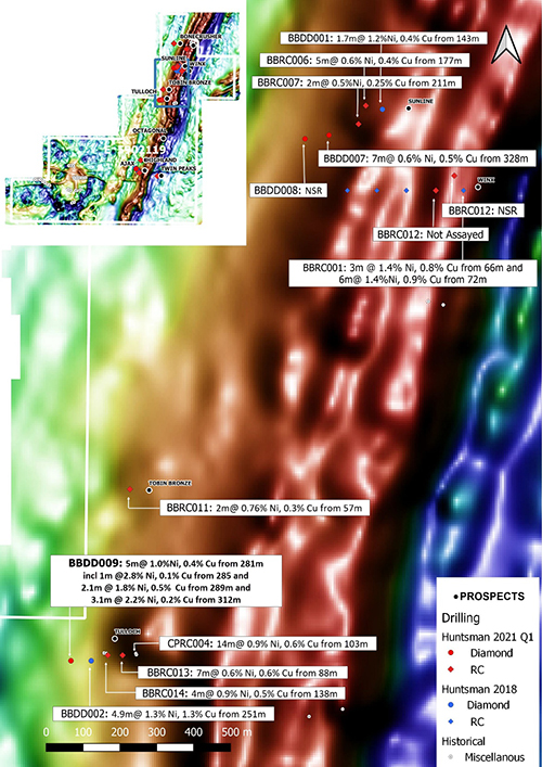 Airborne Magnetic geophysical survey of the Canegrass Property boundary (inset) illustrating the Phase I targets at Tulloch, Sunline, Winx and Tobin Bronze