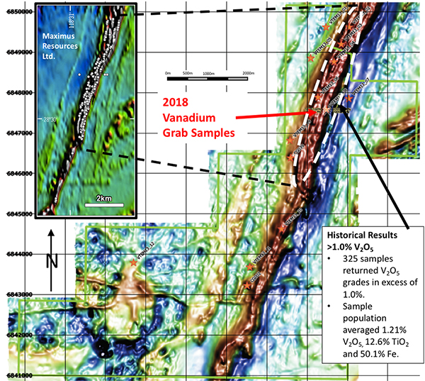 Figure 1: Canegrass Property - High Resolution Airborne Magnetics and Maximus Resources Sampling Grid Inset: