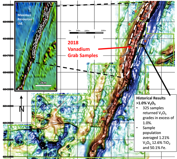 Canegrass Property & High Resolution Airborne Magnetics with Historical V2O5 Surface Rock Chips